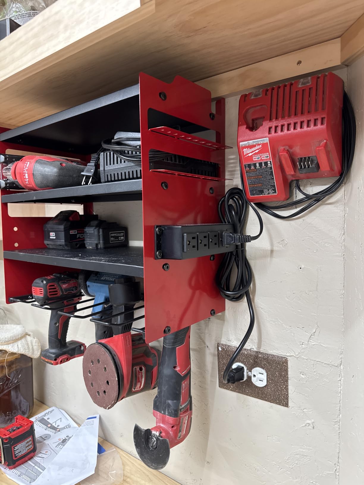 POKIPO Large Power Tool Organizer Wall Mount with Charging Station,4 Layer Heavy Duty Metal Tool Storage Rack Loads 600lbs with 8 Cordless Drill Holder,Battery Utility Rack Loads with 4 Power Strip customer photo 2