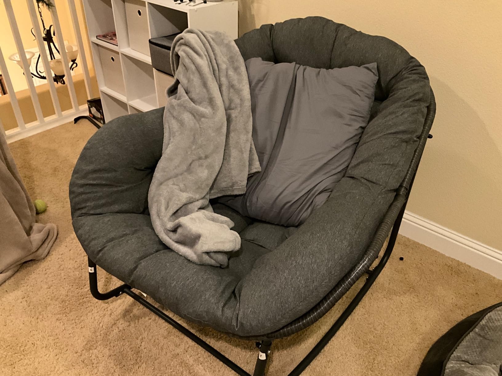 Oversized Outdoor Papasan Rocking Chair with Soft Cushion, Comfy Patio Egg Chair, Wicker Lounge Rocker for Balcony/Porch/Garden, Reinforced All Weather Rattan Frame, 330 lbs Support, Hunter Green customer photo 1