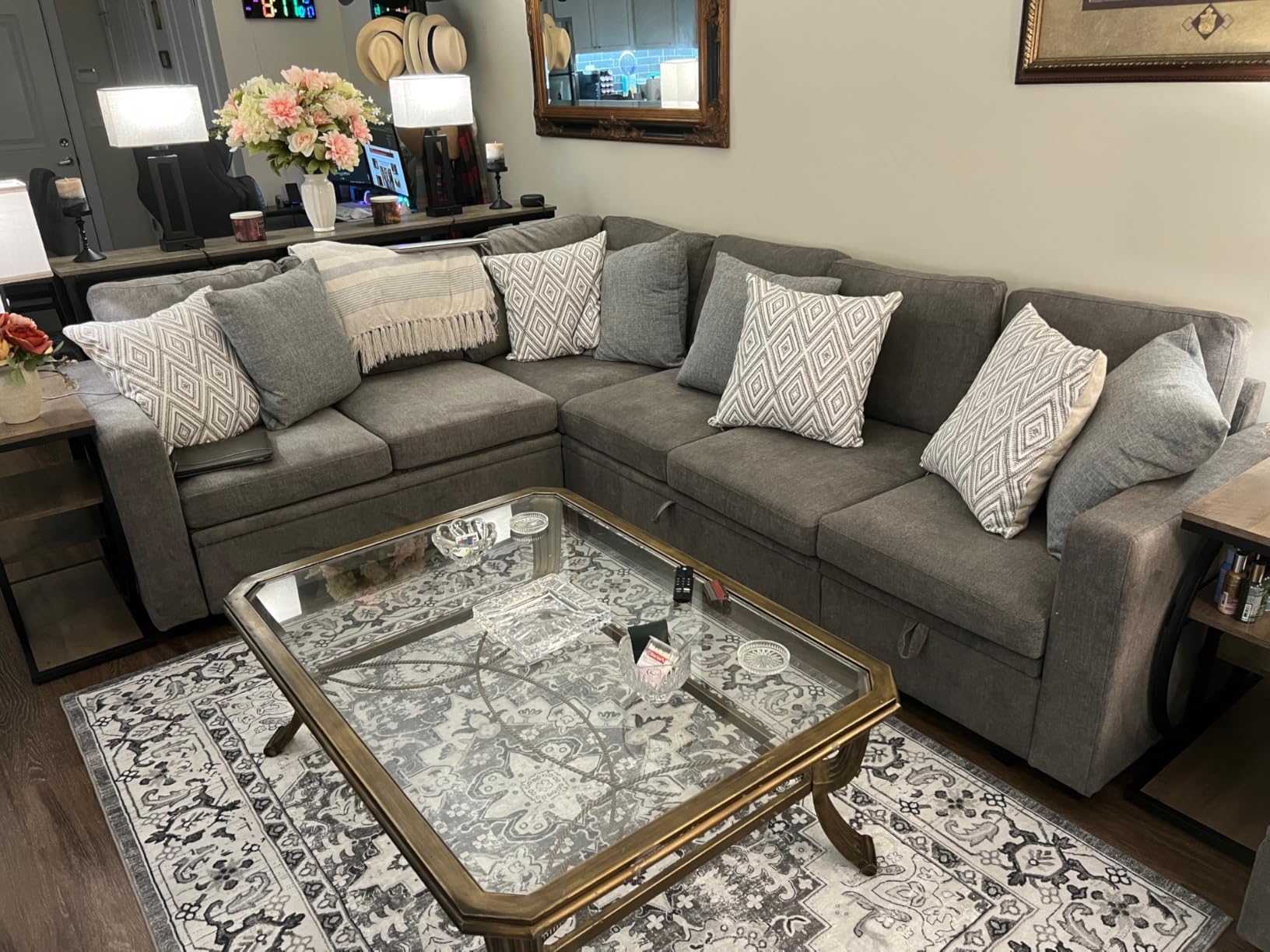 HONBAY 106.2'' Modular Sectional Sleeper Sofa with Pull Out Bed,Dark Grey customer photo 2