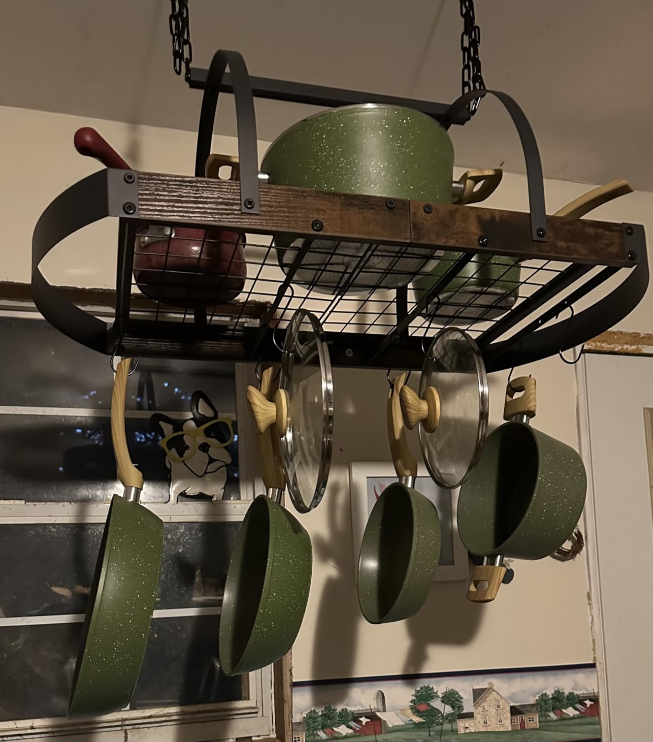 CHOEZON Hanging Pot Rack, Pot Hanger for Kitchen, Ceiling Mounted Pot Holder, Cookware Organizer with 12 S-Shaped Hooks, for Pot, Pan Storage, Space-Saving, Rustic Brown and Black TPR08BFC1 customer photo 1