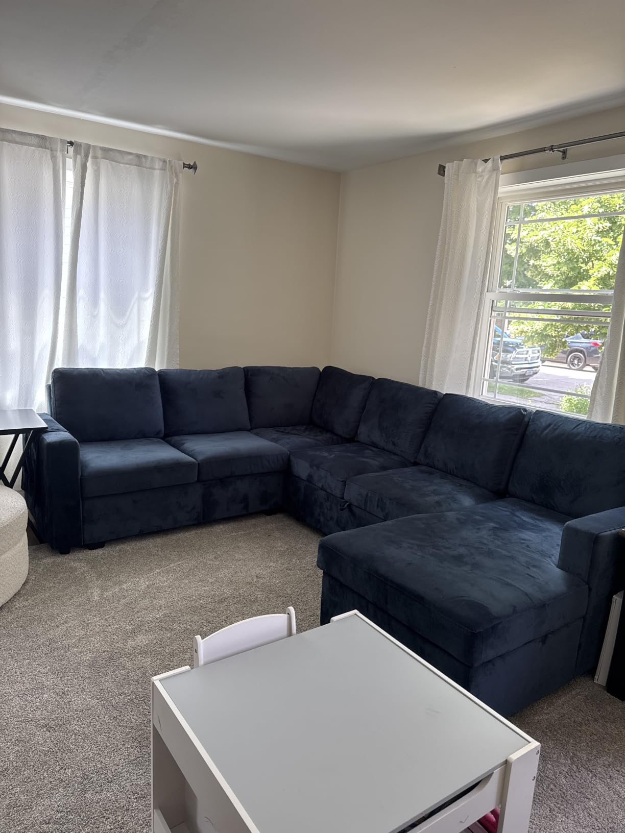 HONBAY Sleeper Sectional Couch with Pull-Out Bed Sectional Sleeper Sofa Pull Out Bed with Storage Chaise, 6 Seaters Couch for Living Room, Velvet Blue customer photo 2