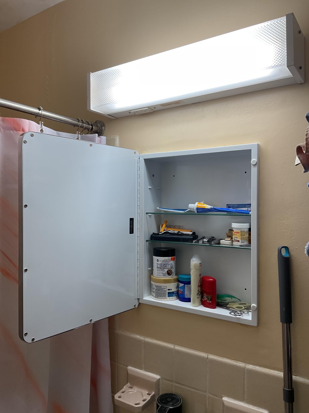 16x26 Austin Farmhouse Metal Framed Rounded Rectangle Recessed Bathroom Medicine Cabinet, Beveled Mirror, 14x24 in-Wall Opening, powder-coated Steel, Glass Shelves, Magnet Close, Brushed Nickel customer photo 1