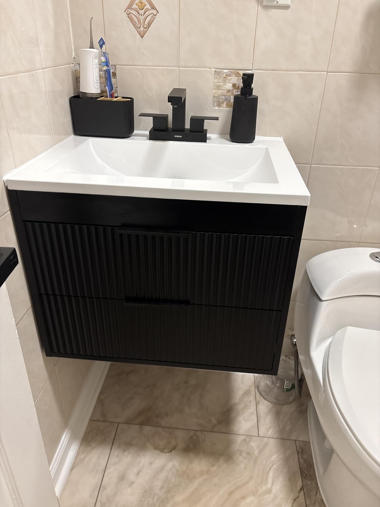 24 Inches Modern MDF Bathroom Vanity with Sink, Wall Mounted Floating Cabinets w/Double Drawers, Black Handles, White Resin Sink Combo Set (Black, 24
