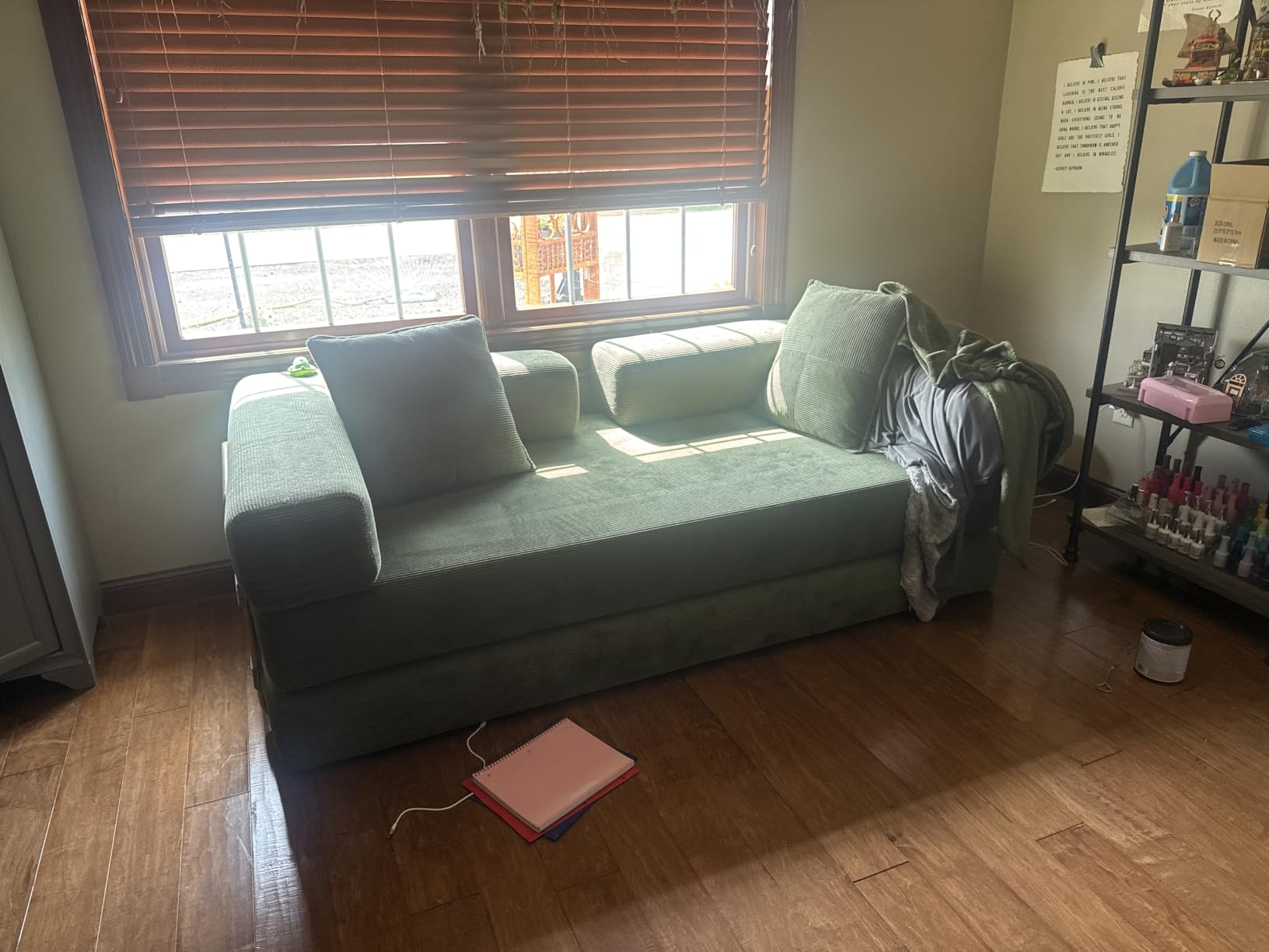 4-in-1 Folding Convertible Sofa Bed, 78 Inch Oversized Corduroy Upholstered Boneless Couch, Loveseat Sleeper with Pull Out Bed, Floor Sofa Modular Futon Couch for Living Room Bedroom Lounge, Green customer photo 1