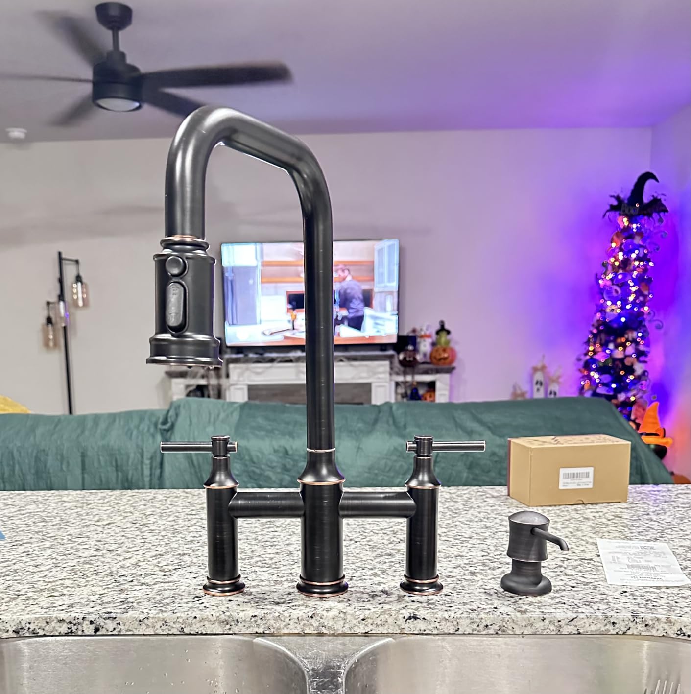 Bridge Kitchen Faucet, 3 Hole Brass Sink Faucet with Pull Down Sprayer customer photo 1