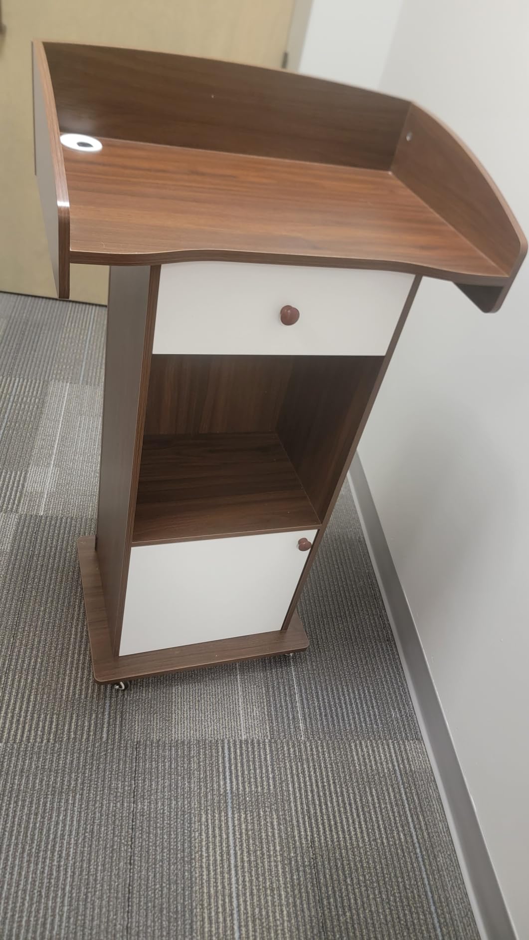 Podium Stand Portable with Wheels, Classroom Lectern for Teacher with Adjustable Storage Shelf, Mobile Rolling Church Pulpits, Office Wooden Reception Desk, Host Stand for School Conference（Black） customer photo 1
