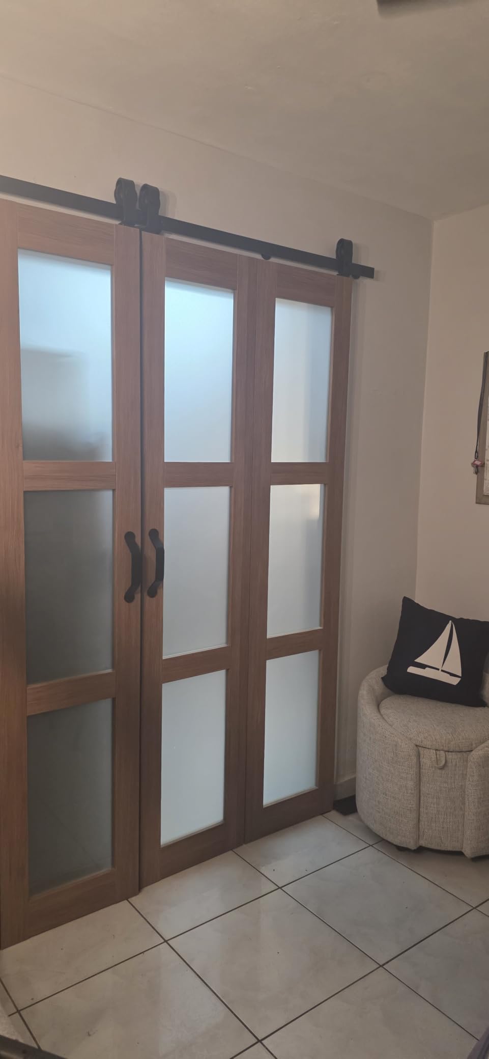 FREDBECK Bifold Barn Door Frosted Glass 30X84(Double 15x84) Brown,3 Panels customer photo 1