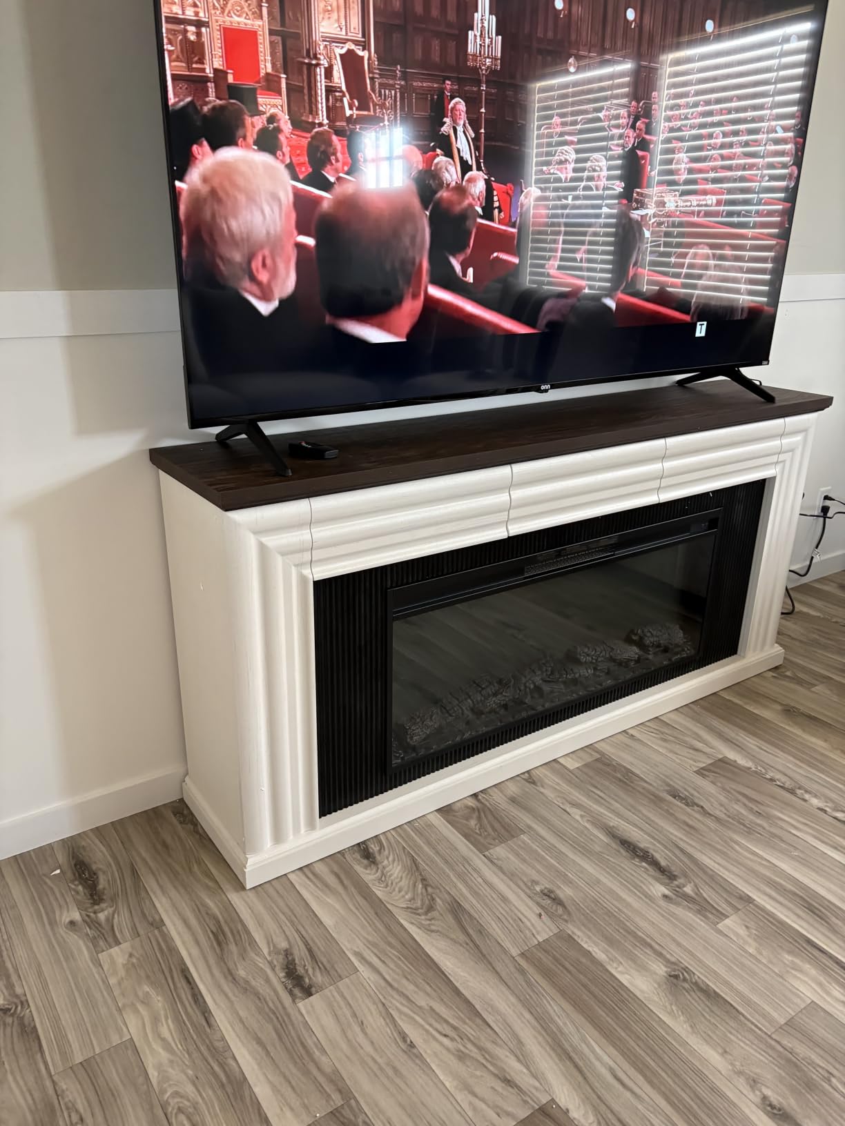 PRAISUN 70'' Fireplace TV Stand with 42'' Electric Fireplace, Farmhouse TV Stand for 65 75 Inch TV, Entertainment Center TV Console with 3 Drawers, Fluted Design, for Living Room, Distressed White customer photo 1