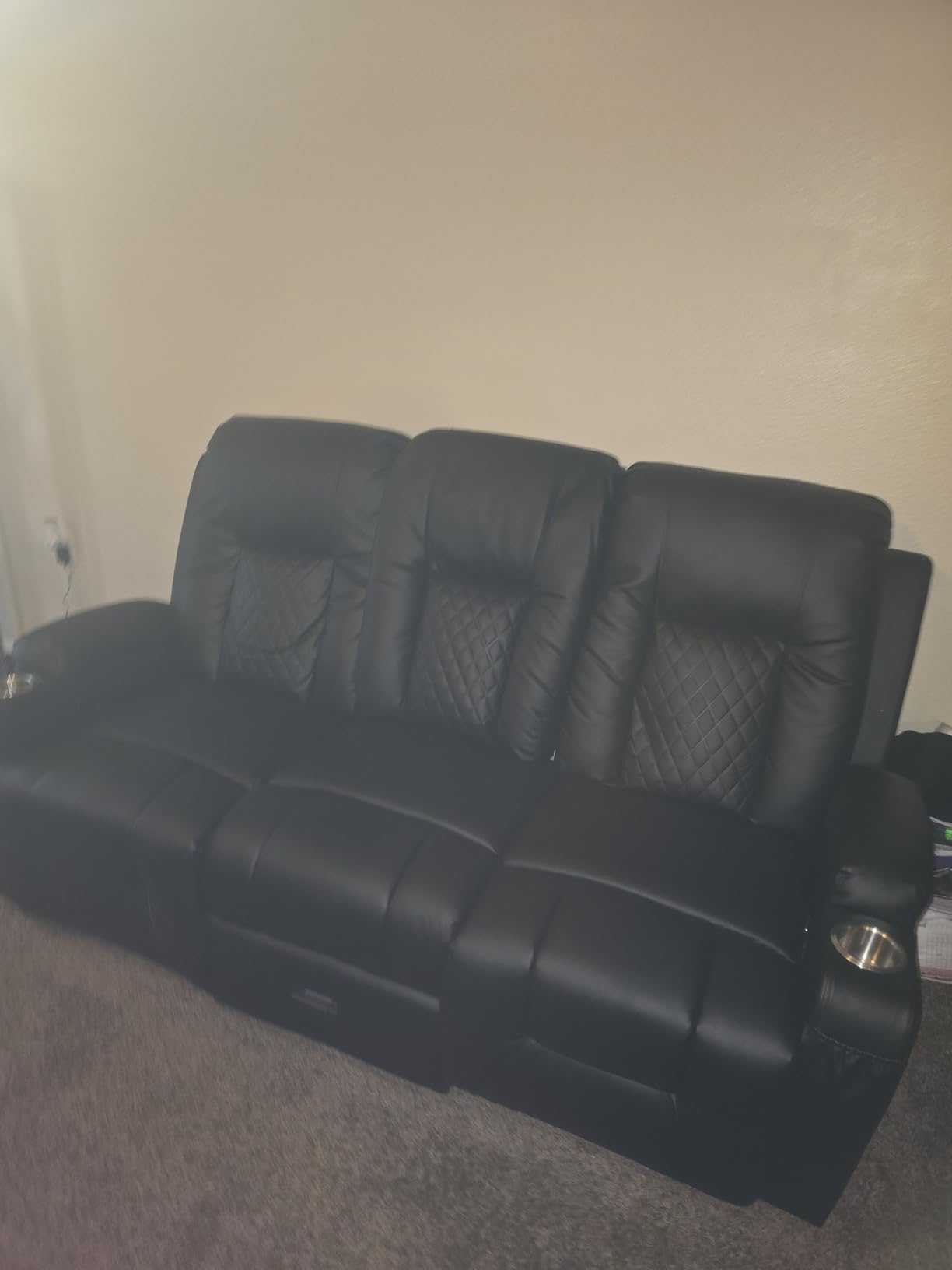 FURNIMAT Loveseat Recliner Sofa, 3 Seater Dual Reclining Sofa with Flip Back Console, Modern PU Leather Loveseat Couch for Living Room/RV, with Storage, USB Ports, Cup Holder, Cell Phone Holder, Gray customer photo 1