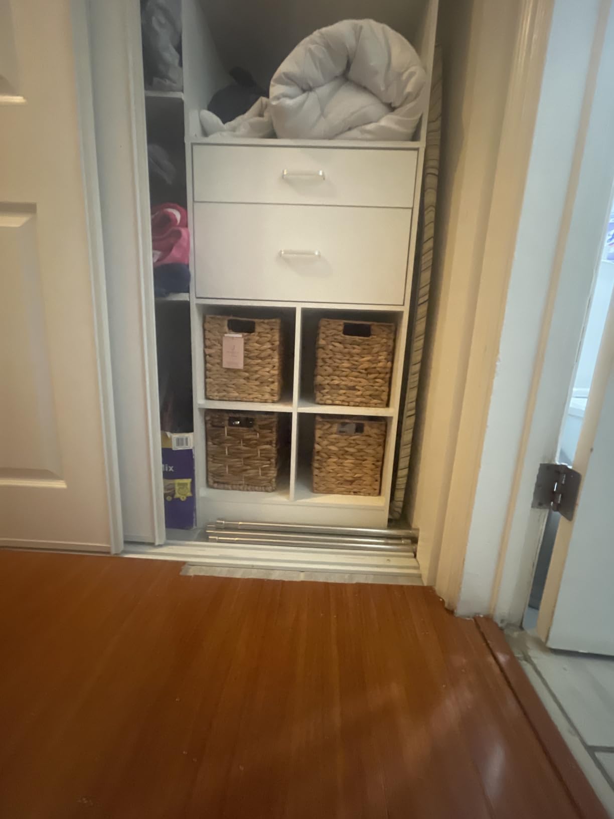 Besiost Closet System, 4-8 FT Closet Organizer Tower with 2 Wooden Drawers and Shelves, Can Fit 60 to 96 inch Walk-in Closet System with 5 Hanging Rods, Built-in, White customer photo 2