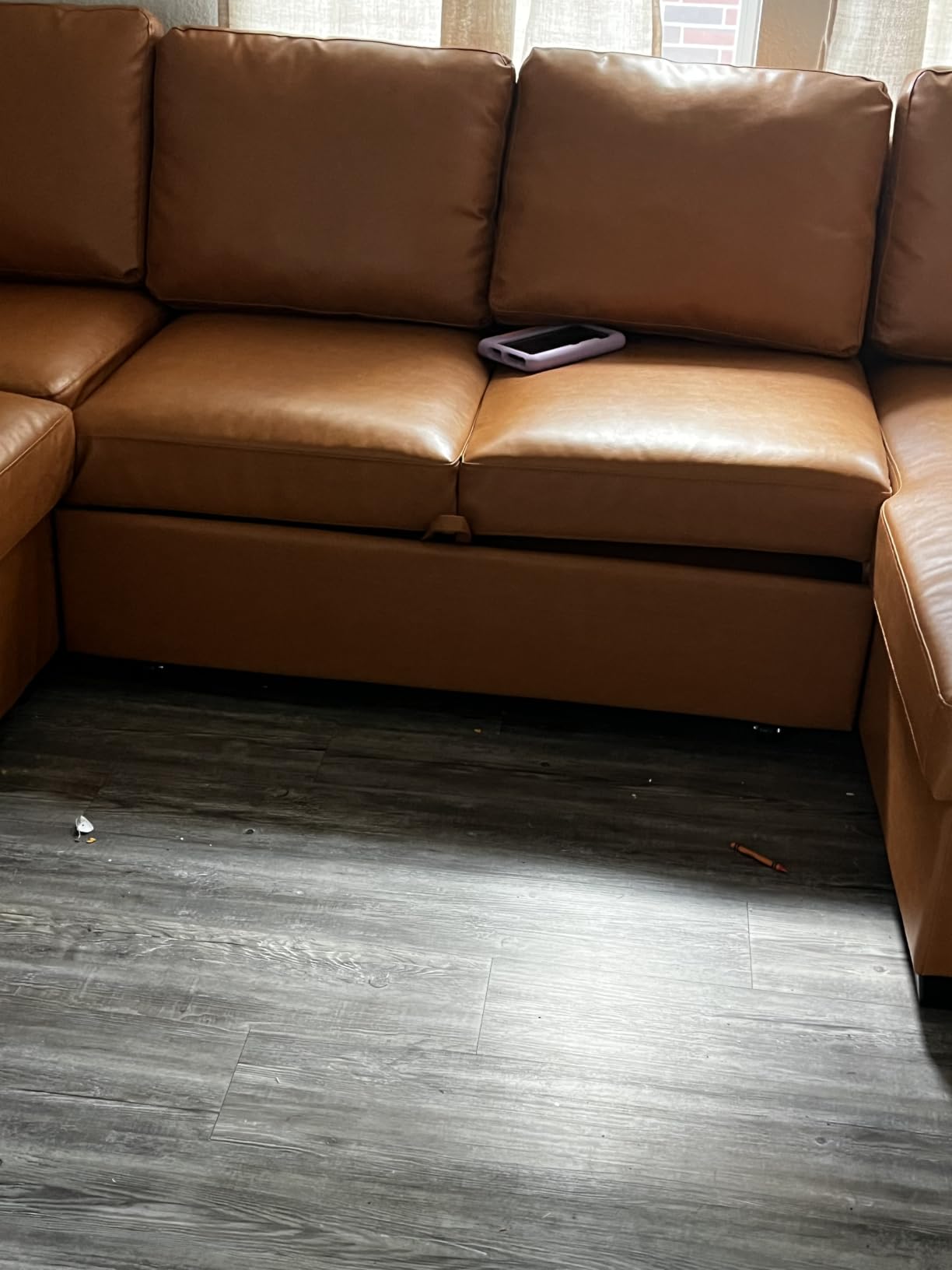 HONBAY Sleeper Sectional Couch with Pull-Out Bed Sectional Sleeper Sofa Pull Out Bed with Storage Chaise, 6 Seaters Couch for Living Room, Faux Leather Brown customer photo 1