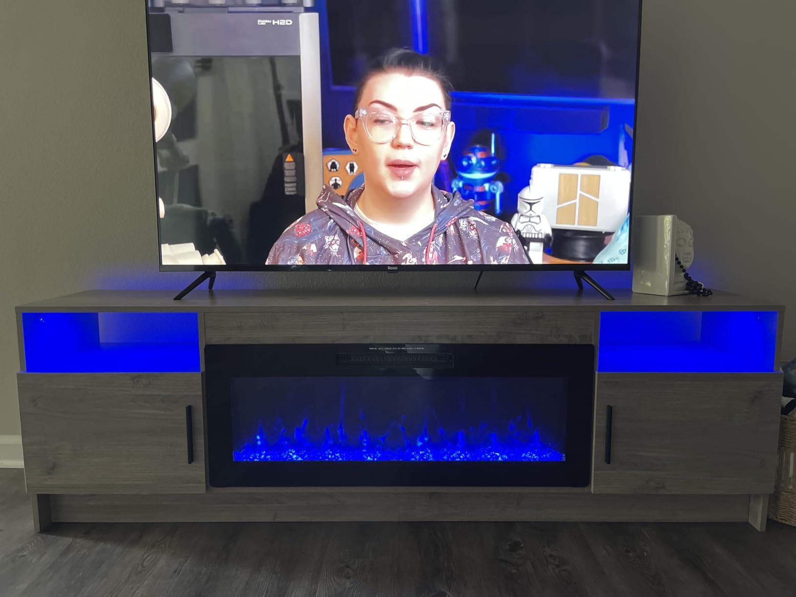 Kucreiheat Fireplace TV Stand for 65-80 inch TV, Large Entertainment Center with Fireplace & LED Lights,High Gloss Living Room Storage Cabinet,Walnut, 70''(Log) customer photo 2