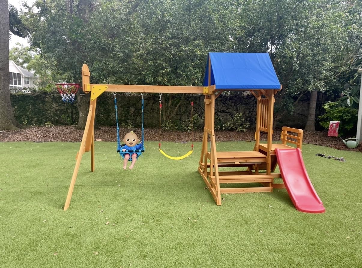 Wooden Swing Sets for Backyard with Monkey Bar, Outdoor Playset for Age 3-6 customer photo 1