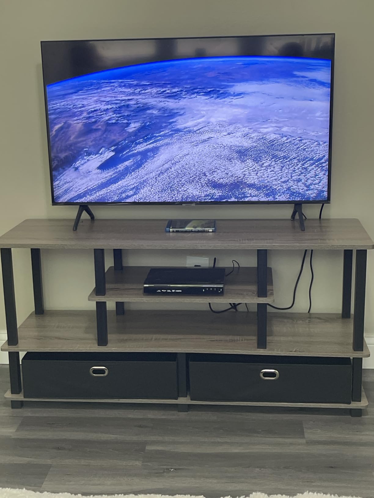 Furinno Jaya Toolless Assembly TV Stand for TV up to 55 Inch, 4-Tier Entertainment Center, TV Console with 2 Storage Bins, for Living Room, Bedroom, Home Office, Black Espresso customer photo 1