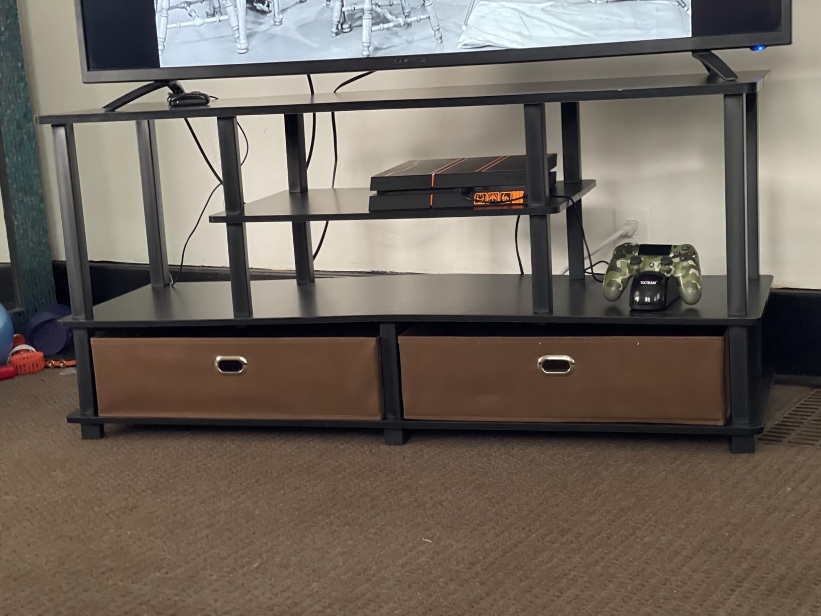 Furinno Jaya Toolless Assembly TV Stand for TV up to 55 Inch, 4-Tier Entertainment Center, TV Console with 2 Storage Bins, for Living Room, Bedroom, Home Office, Black Espresso customer photo 2