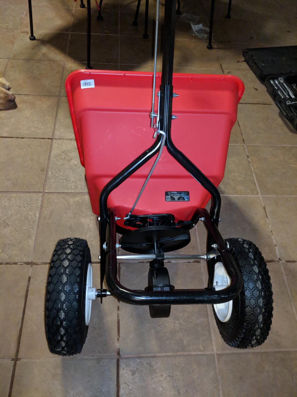 EarthWay 2170 Commercial 100 LB Broadcast Fertilizer Spreader. Red, Heavy-Duty Walk-Behind Push Garden Seeder with Adjustable Drop Rate and Driving Handle. Large 13 inch Pneumatic Stud Tires customer photo 1