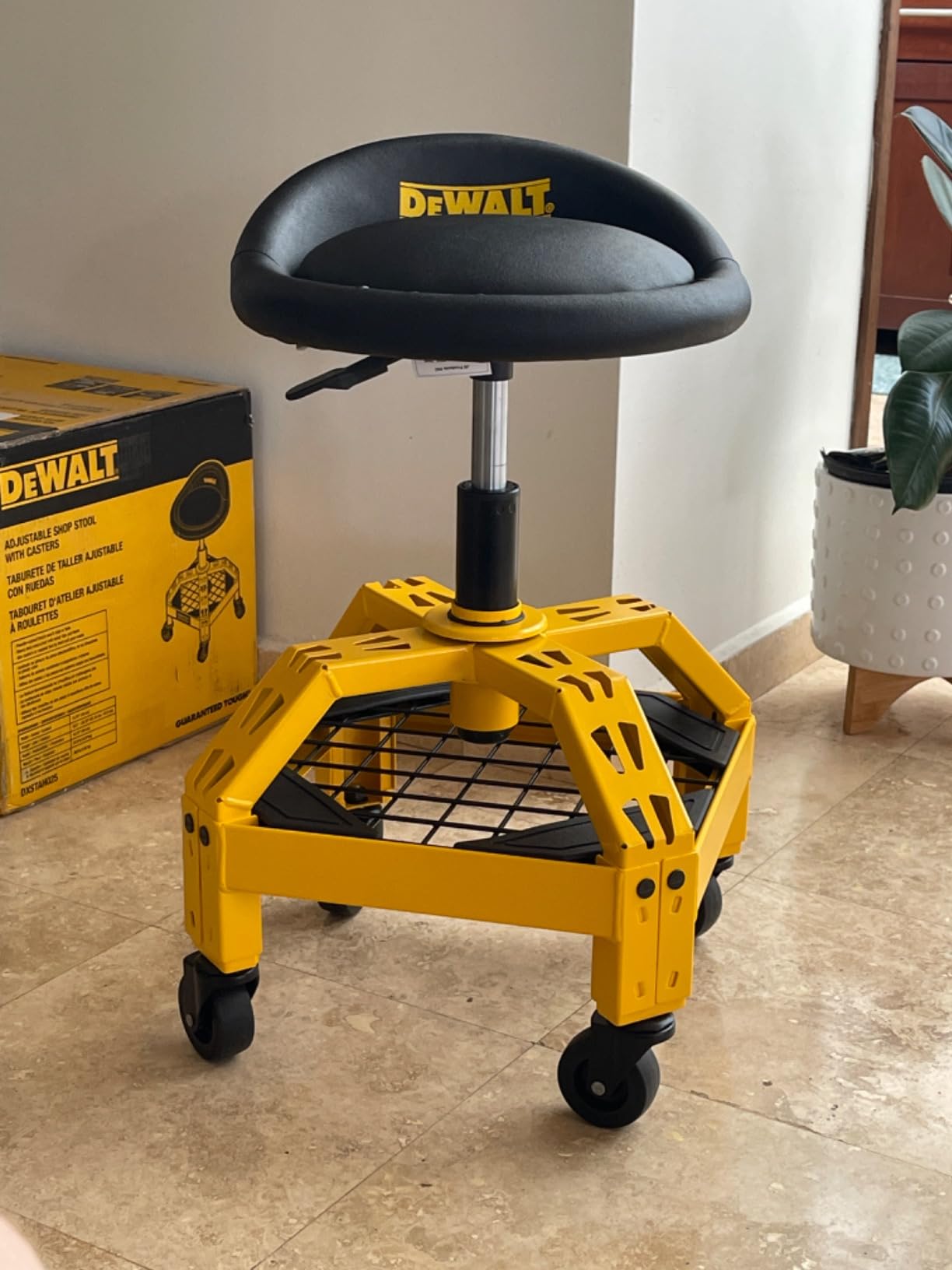 DEWALT Heavy Duty Adjustable Rolling Shop Stool, 360-degree Swivel Industrial Garage Stool with Padded Seat, Storage Shelf, Removable Wheels customer photo 1