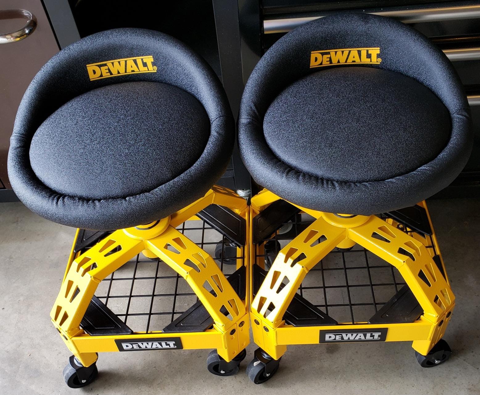 DEWALT Heavy Duty Adjustable Rolling Shop Stool, 360-degree Swivel Industrial Garage Stool with Padded Seat, Storage Shelf, Removable Wheels customer photo 2