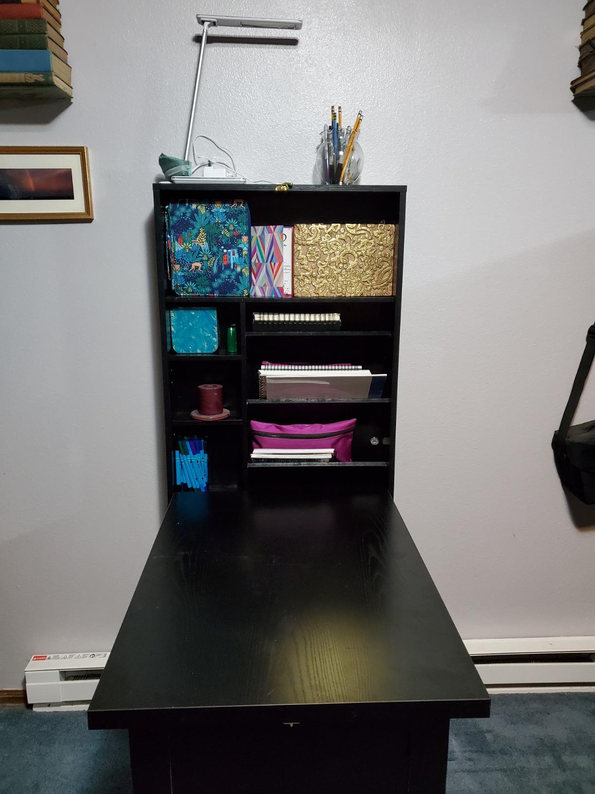 Tangkula Folding Wall Mounted Desk, Convertible Fold Out Floating Table with Storage Shelves, Space-Saving Drop Leaf Table, Murphy Desk for Craft, Study, Small Spaces, Home Office, Dorm, White customer photo 2