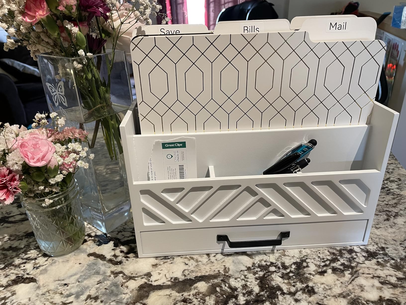 BLU MONACO | Wooden Mail Organizer with Drawer | Mail Organizer Countertop with 6 Compartments | Bill Holder for Desk | White Desktop Mail Sorter customer photo 1