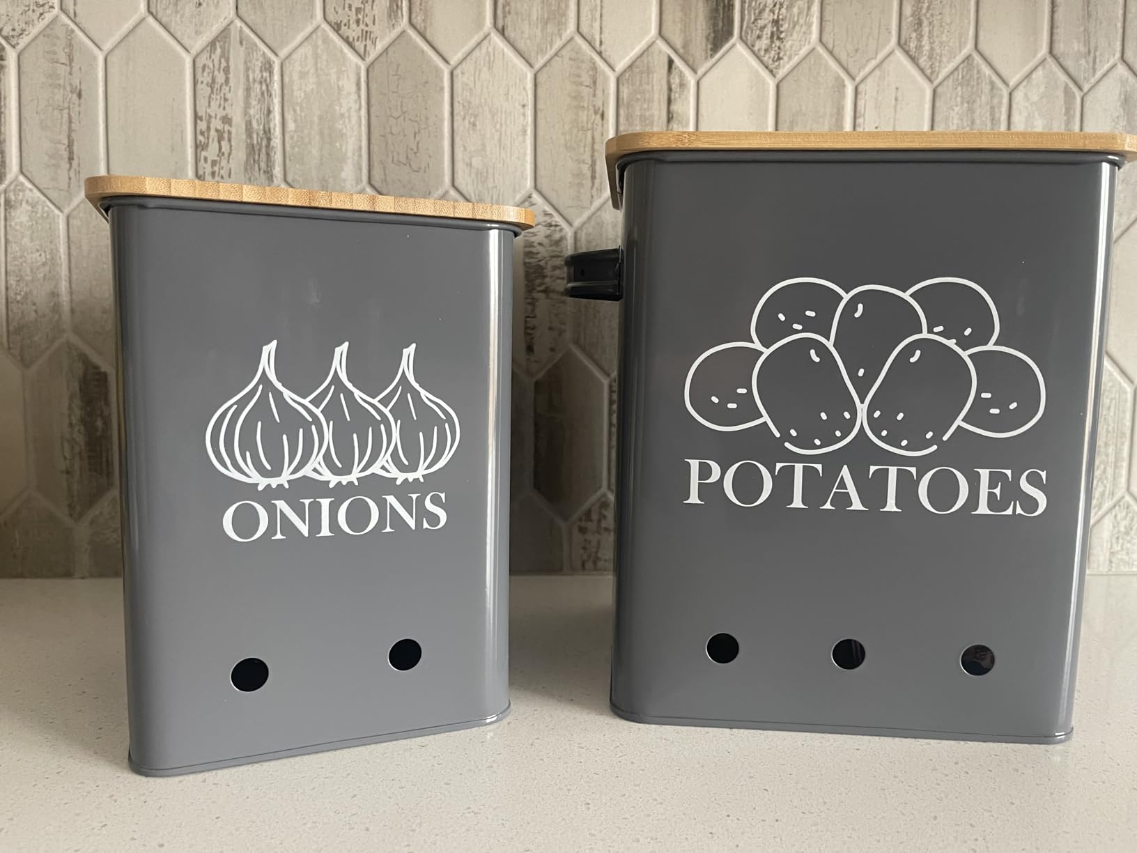 Kitchen Vegetable Storage Tins Set of 2, Onion and Potato Storage Bins with Wooden Lid and Aerating Holes, Garlic Bin Caddy, Vintage Kitchen Decor, Grey customer photo 1