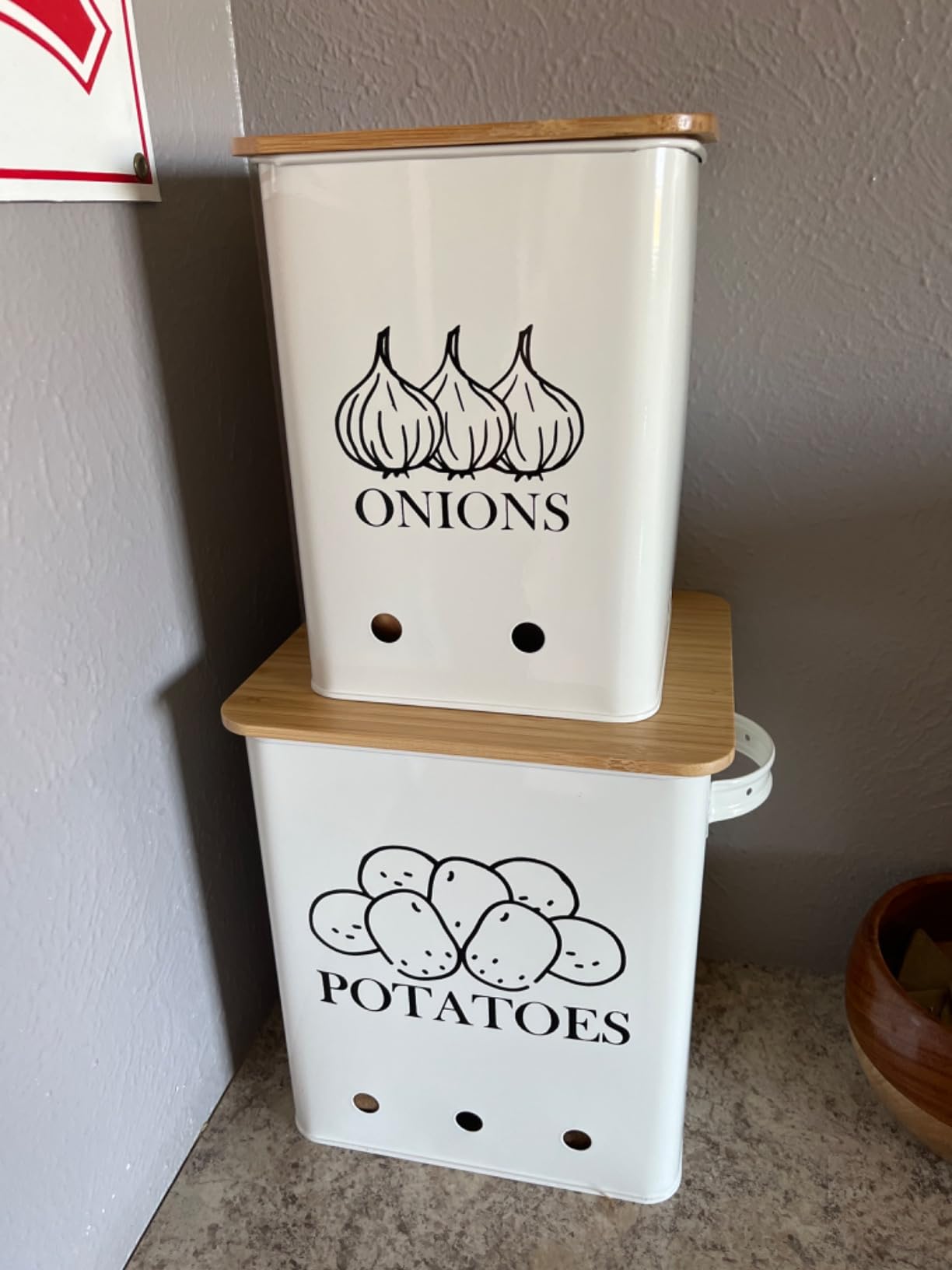 Kitchen Vegetable Storage Tins Set of 2, Onion and Potato Storage Bins with Wooden Lid and Aerating Holes, Garlic Bin Caddy, Vintage Kitchen Decor, Grey customer photo 2