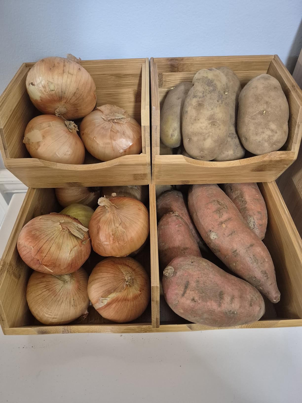 HOMESTEAD Bamboo Pantry Storage Bins – Stackable Potato & Onion Storage Bin for Kitchen Countertop, Pantry Organizer, Fruit Vegetable Basket, Multiuse - Set of 3 Slide-Out Access customer photo 1