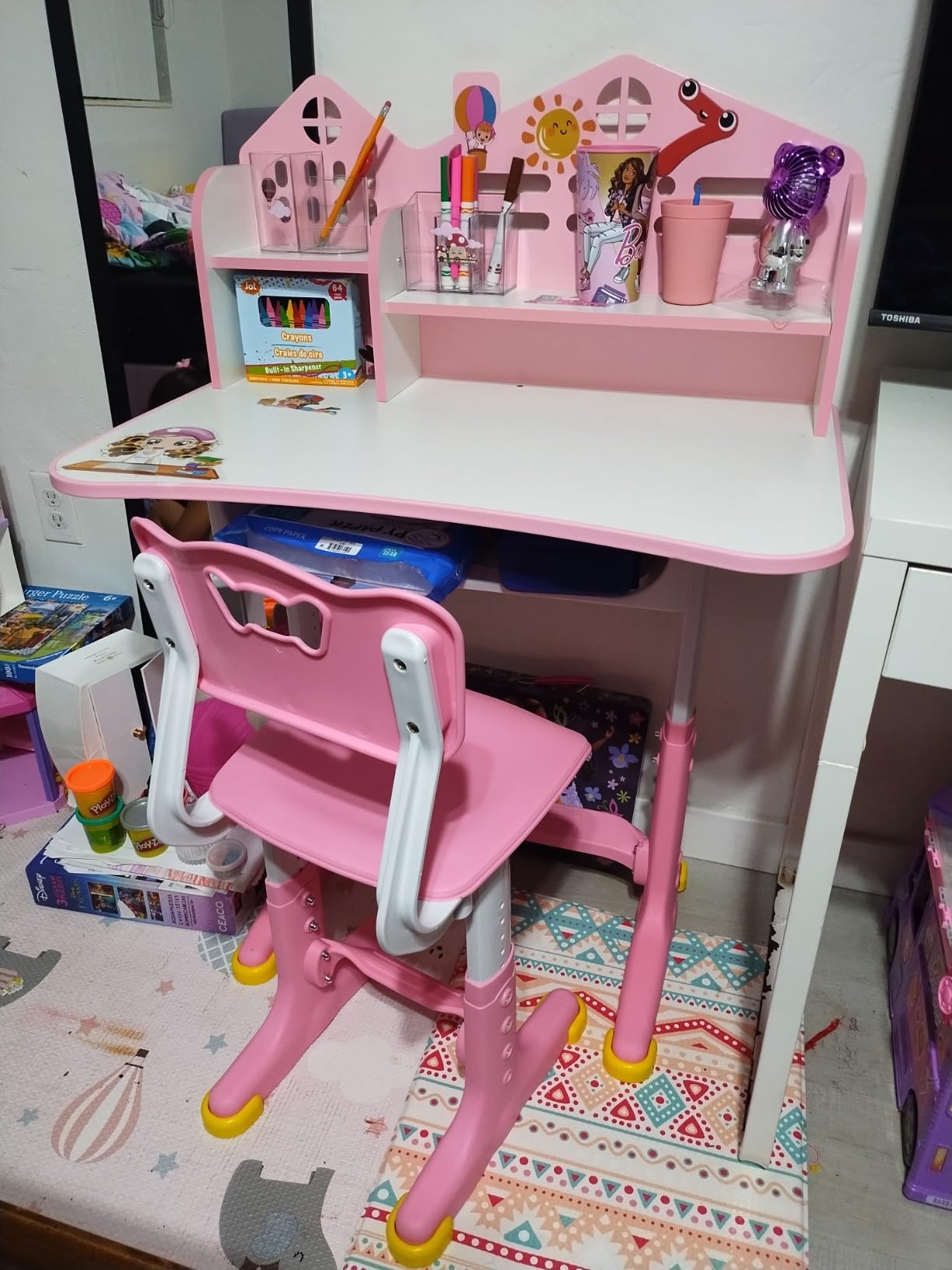 Kids Functional Desk and Chair Set, Height Adjustable Children School Study Desk with Storage Drawer for Boys Girls (Pink) customer photo 2