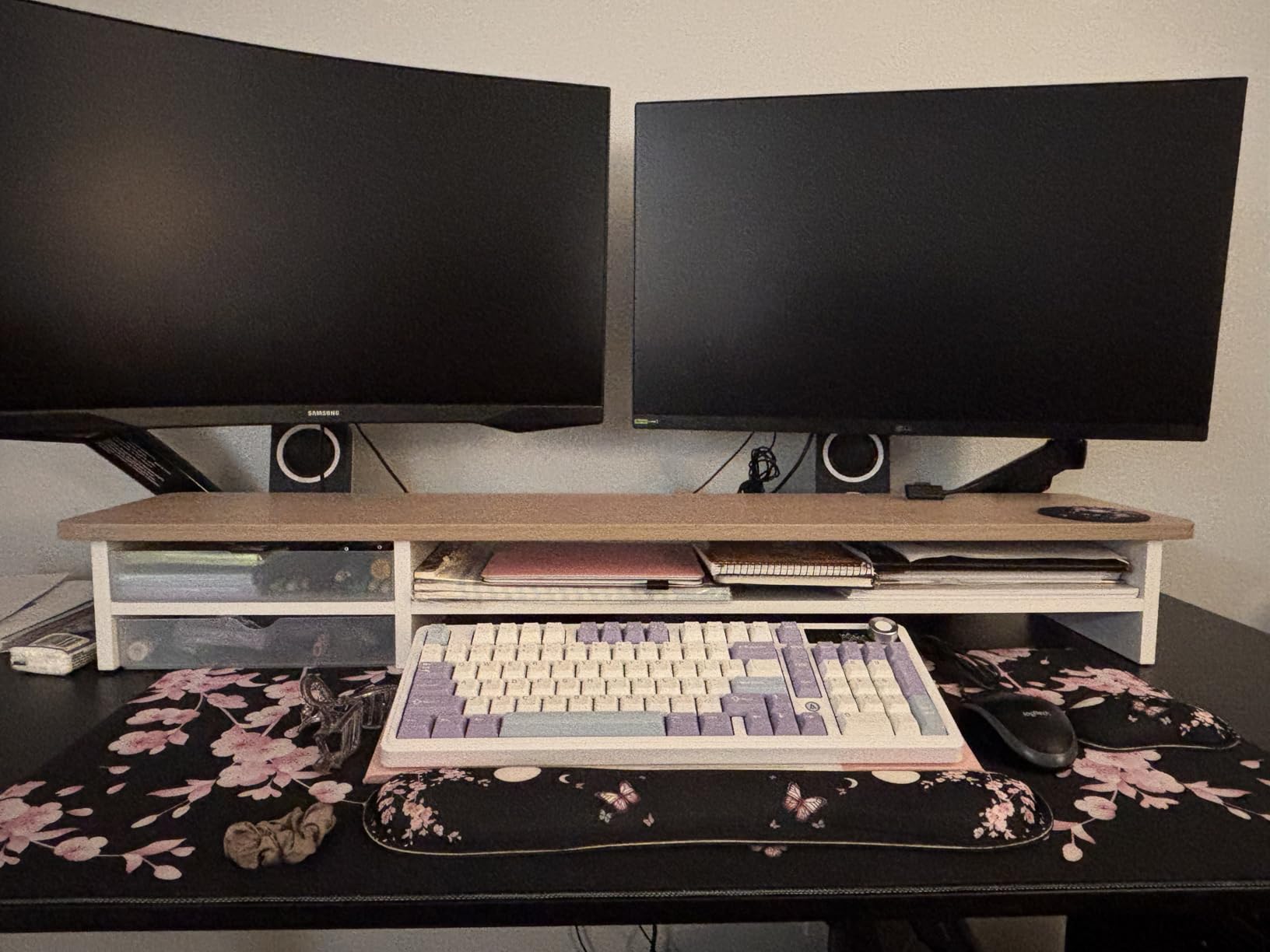 Fenge Monitor Stand, Desk Computer Riser with Frosted Storage Drawer, Oak customer photo 1