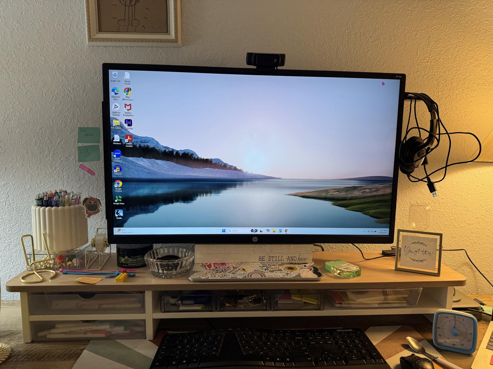 Fenge Monitor Stand, Desk Computer Riser with Frosted Storage Drawer, Oak customer photo 2