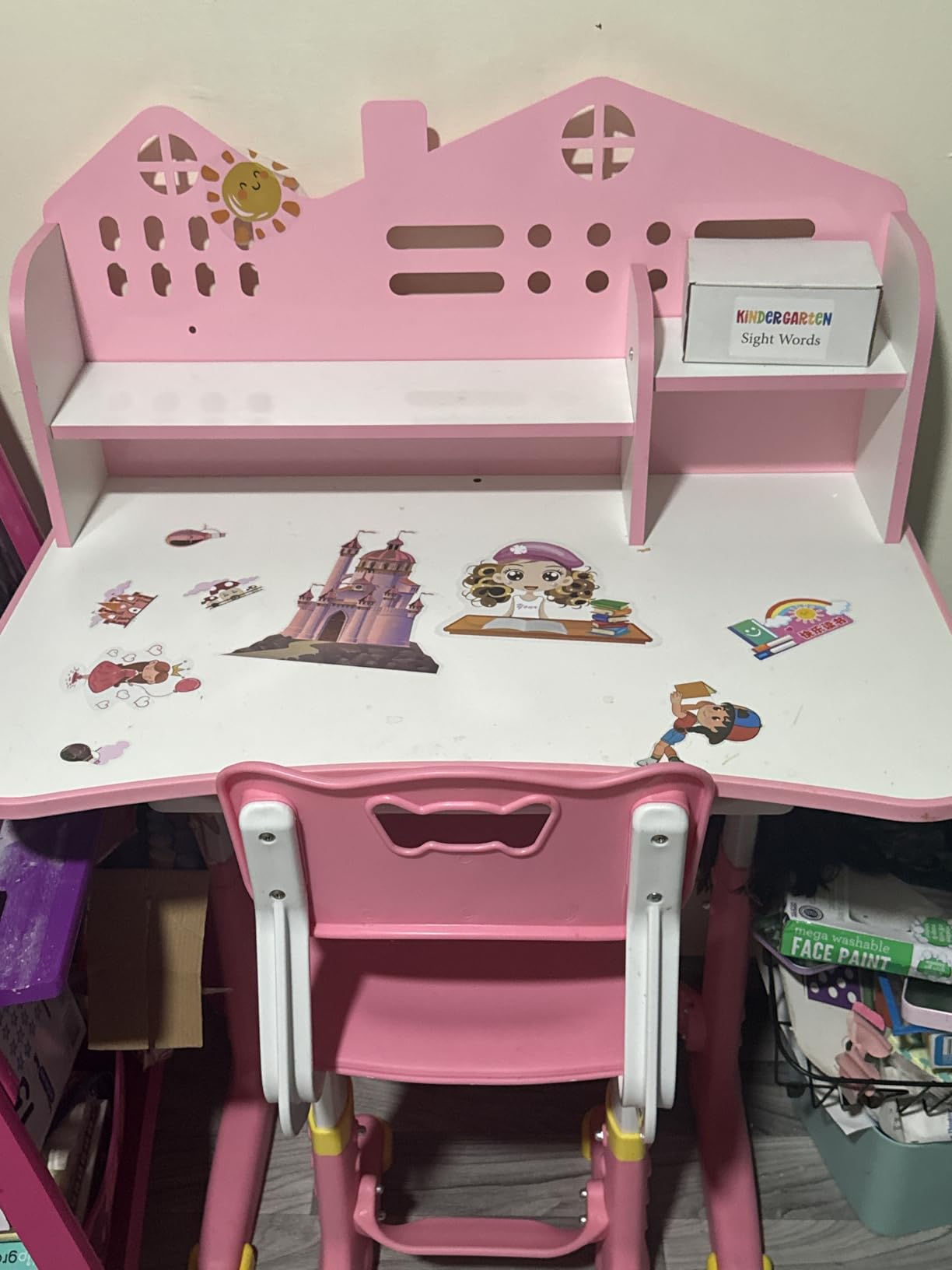 Kids Adjustable Study Desk & Chair Set with Storage,Drawers,Bookshelf,Child Toddler Writing Homework Table, Little Girl Work Computer Princess Preschool Desk (Pink A) customer photo 1