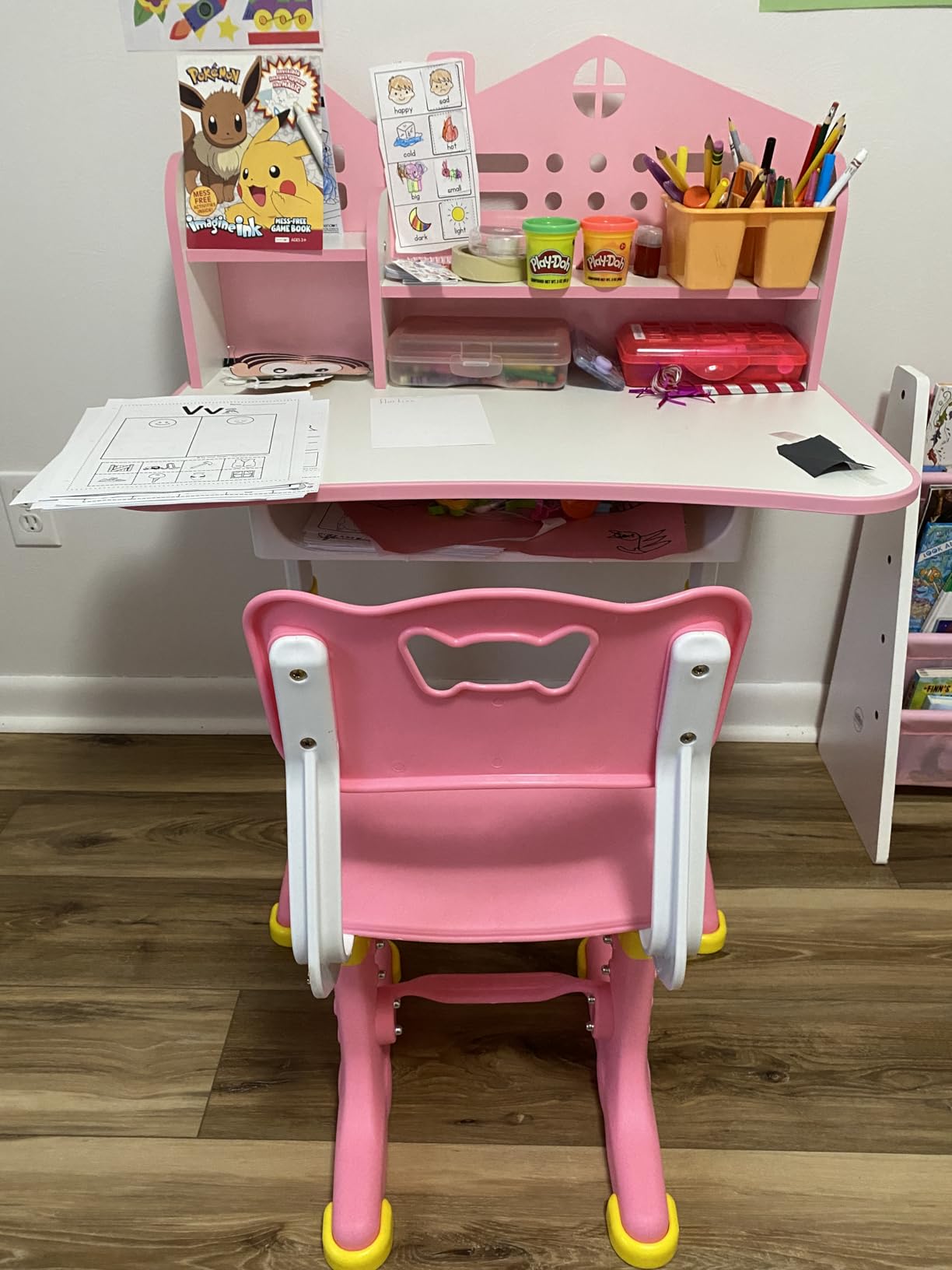 Kids Adjustable Study Desk & Chair Set with Storage,Drawers,Bookshelf,Child Toddler Writing Homework Table, Little Girl Work Computer Princess Preschool Desk (Pink A) customer photo 2