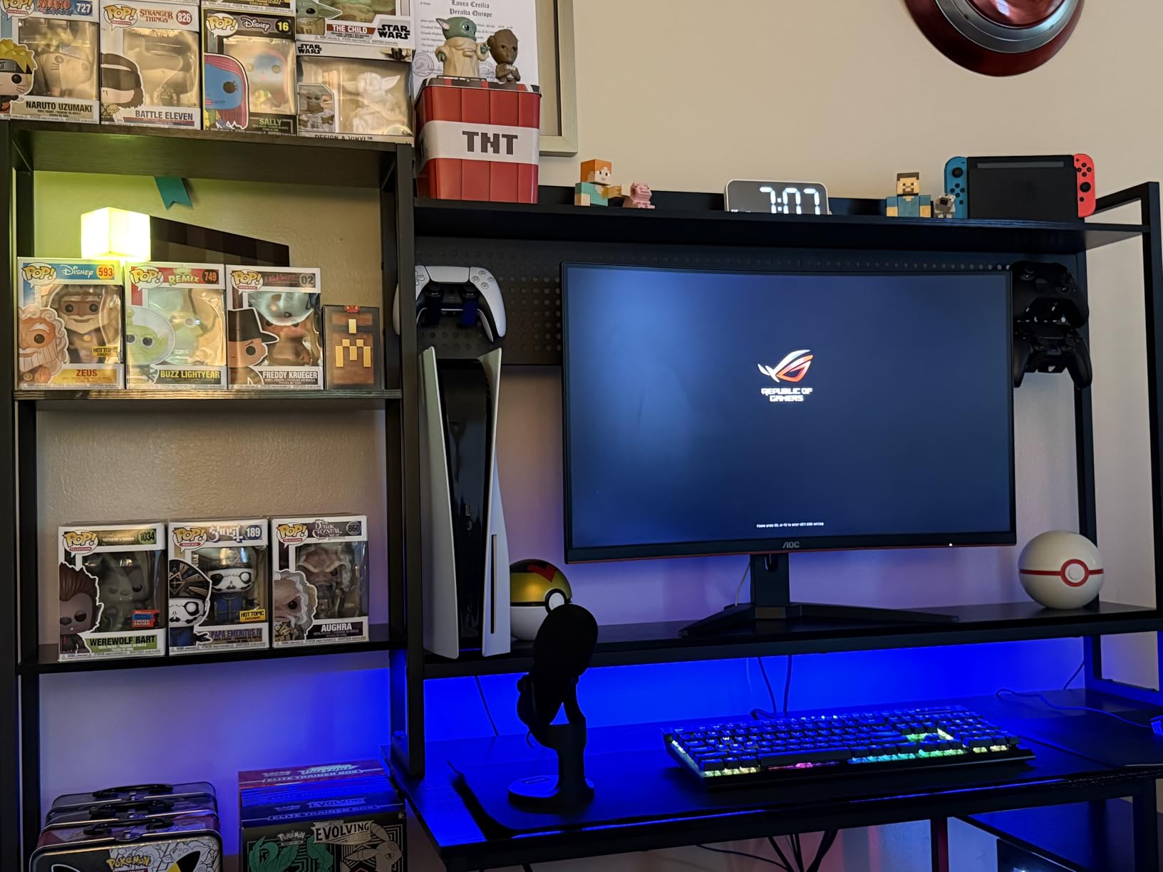 UPOSOJA Gaming Desk with Hutch, 65in Reversible Computer Desk with Power Outlets LED Light, Home Office Desk with Monitor Stand 2 Drawers 4 Storage Shelves Pegboard 8 Hooks Mouse Pad (Black) customer photo 1