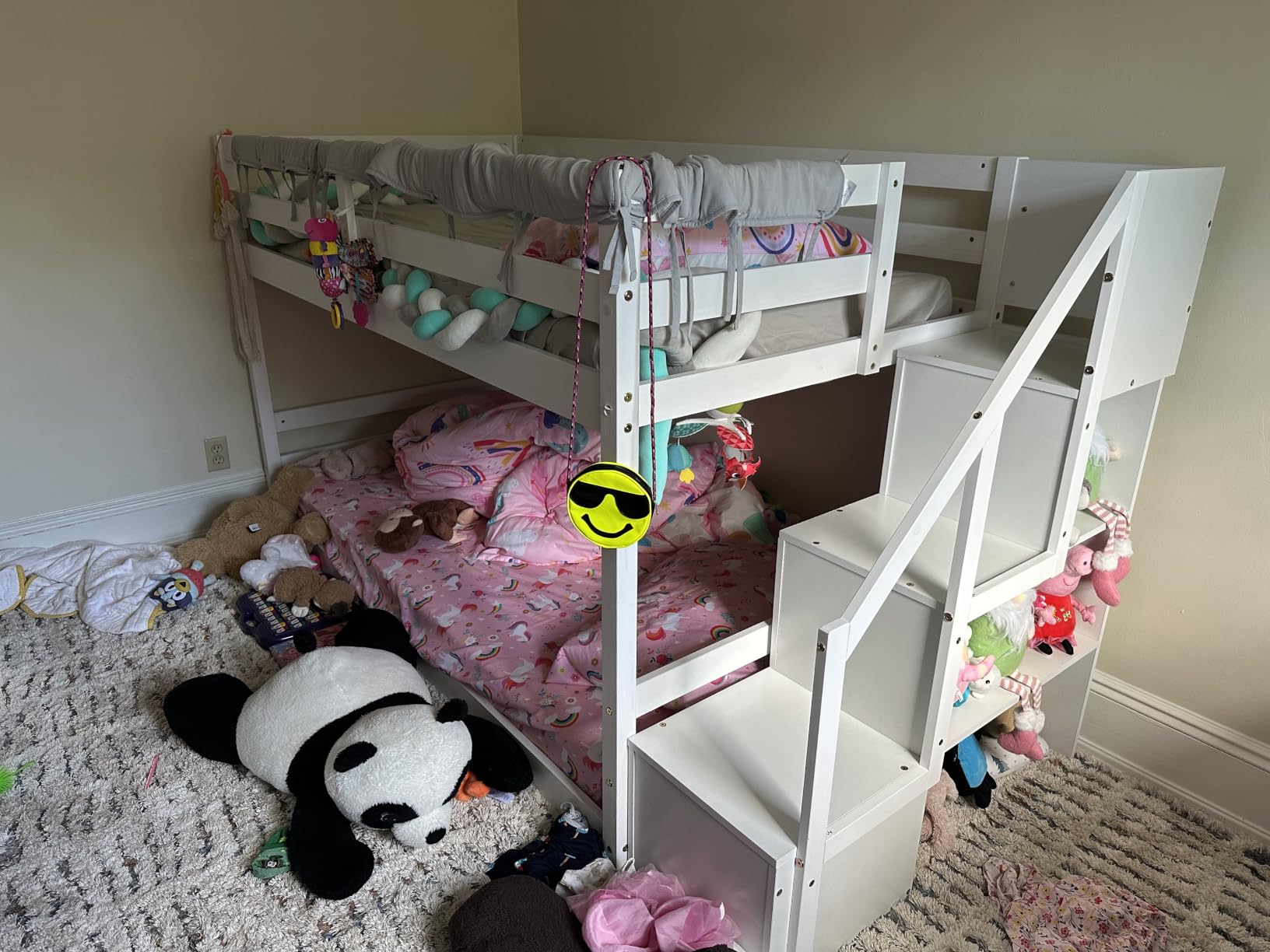 GIANTEX Twin Over Twin Bunk Bed with Stairs, Solid Wood Floor Bunk Bed with Storage Staircase & Full-Length Guardrails, Low Bunk Bed with for Kids, Teens, Adults, Dorm, Small Space, White customer photo 2