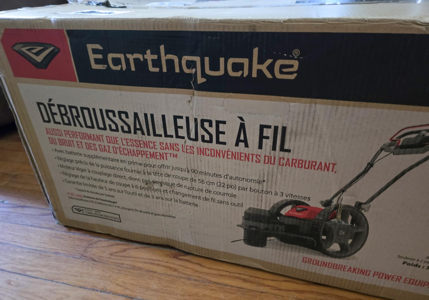 Earthquake 60V Walk Behind String Mower, Includes Two 4Ah Batteries, 22” Cutting Diameter, Three Cutting Speed Dial, 14” Never-Go-Flat Wheels, Easy Assembly, Adjustable Handlebar, Model #44965 customer photo 1