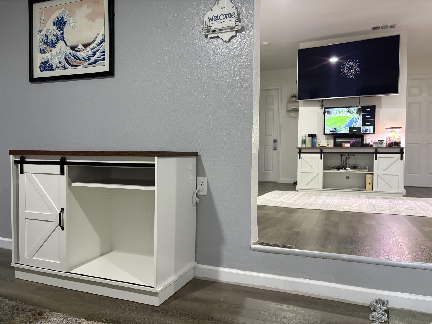 Hlivelood Farmhouse 30-40 Gallon Fish Tank Stand with Power Outlet, Aquarium Stand w/Cabinet&Sliding Barn Door, Heavy Duty Reptile Tank Stand for Fish/Turtle/Reptile Terrarium, 1000LB Capacity, Grey customer photo 1