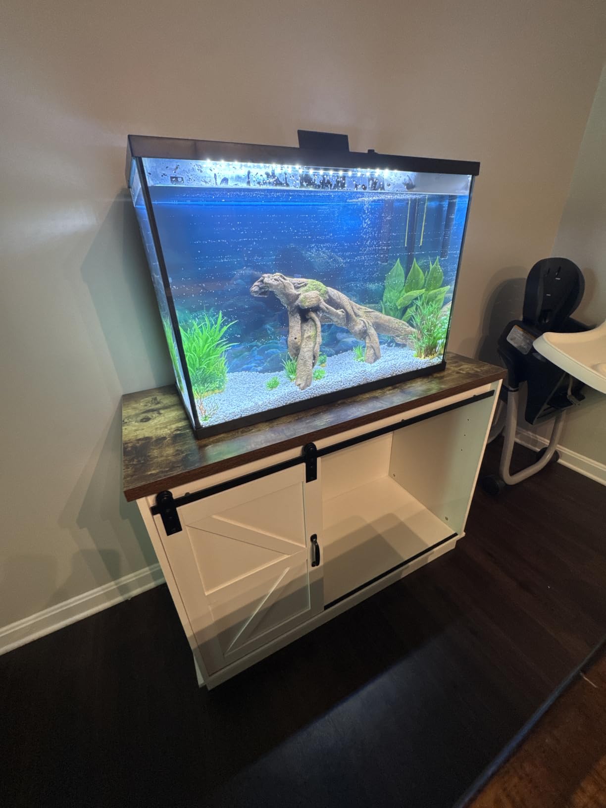 Hlivelood Farmhouse 30-40 Gallon Fish Tank Stand with Power Outlet, Aquarium Stand w/Cabinet&Sliding Barn Door, Heavy Duty Reptile Tank Stand for Fish/Turtle/Reptile Terrarium, 1000LB Capacity, Grey customer photo 2