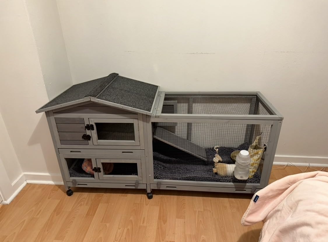 GUTINNEEN 2-Story Rabbit Hutch for 1-2 Bunnies - Indoor Outdoor Wooden Guinea Pig Cages with 4 Wheels, 2 Pull-Out Trays, 5 Doors & Waterproof Asphalt Roof, Brown customer photo 1
